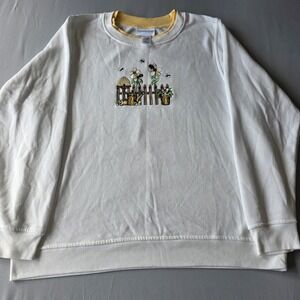 Country Store Womens XL White Floral Bee Embroidered Crewneck Sweatshirt‎ flower